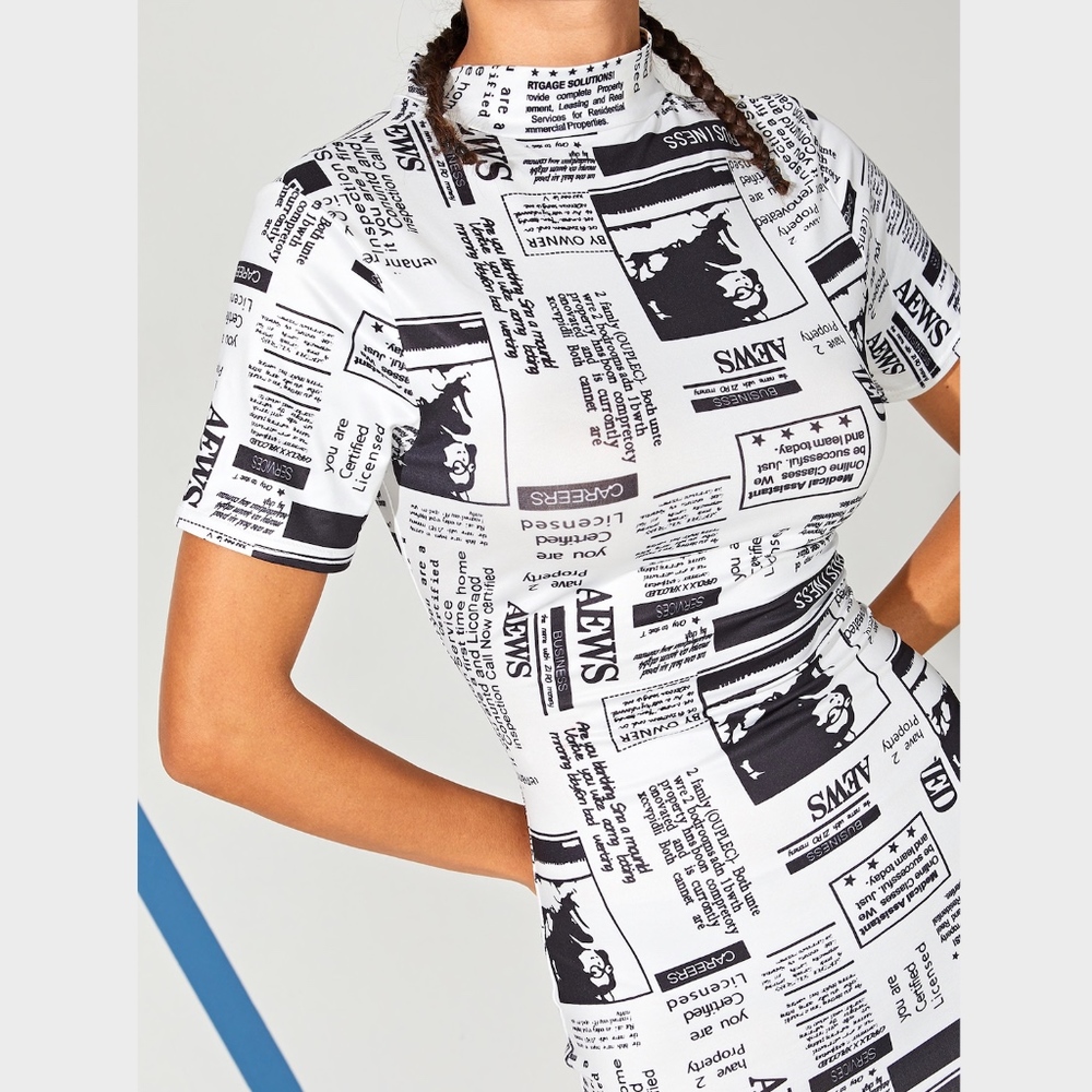 Newspaper Print Slim Mini Dress White and Black - Picture 5 of 8
